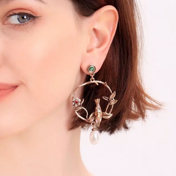 Gold Circle Hoop Drop Bird Branch Pearl Earrings - Picture 3 of 8